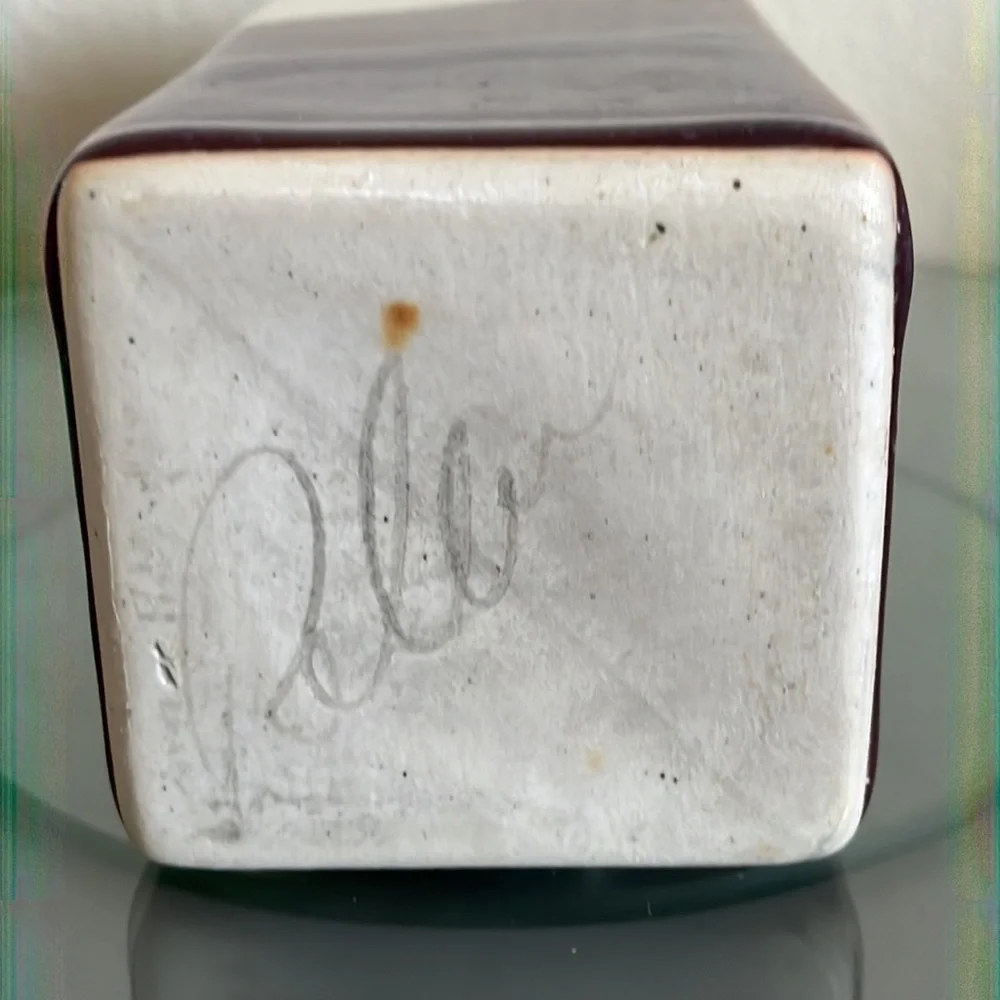 Handmade Studio Pottery Vase Blues Purple Artist Signed Rectangle 10” Earthware‎